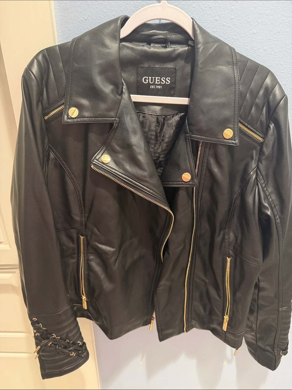 GUESS Black Moto-Style Faux Leather Jacket with Gold Hardware